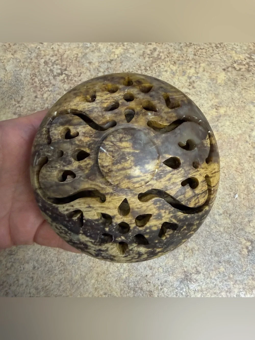 Carved Stone Incense Burner Trinket Dish with Lid Floral Design_2